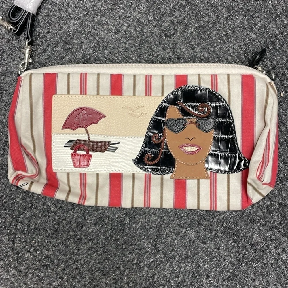 Brighton Striped Print Beach Scene Small Canvas Leather Bag NEW Cosmetic Travel